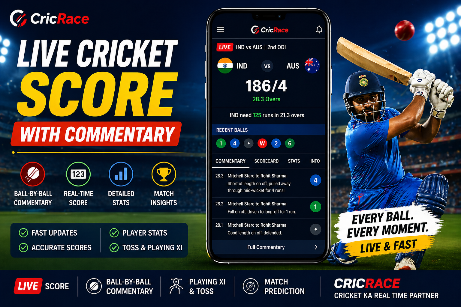 Live cricket score with commentary CricRace real time ball by ball updates